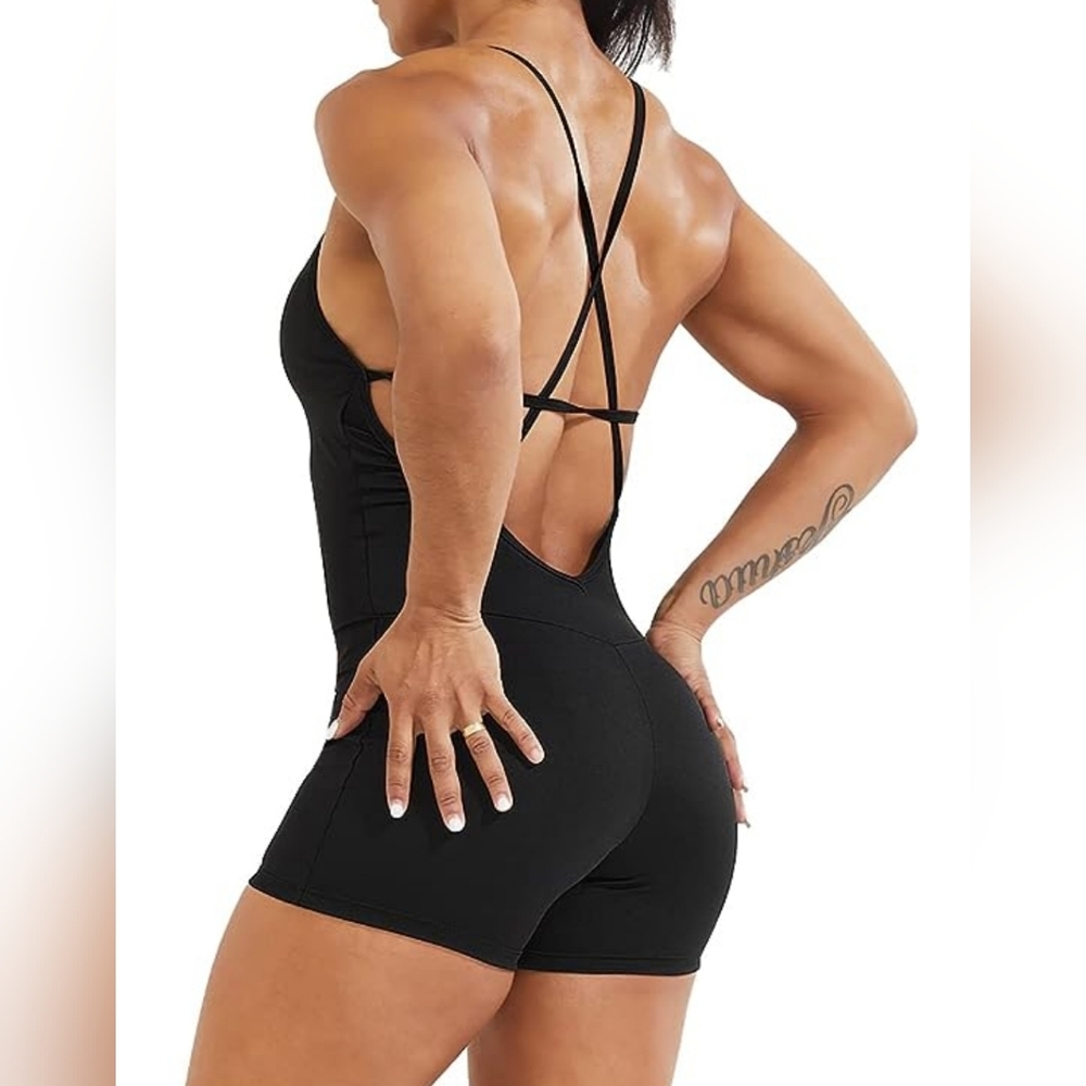 Black short workout jumpsuit, large, padded bra insert.